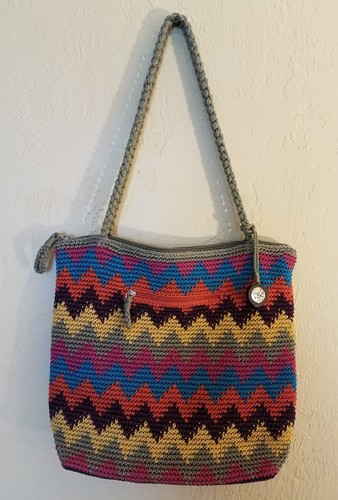 THE SAK LARGE ZIGZAG MULTI COLOR CHEVRON STRIPE CROCHET KNIT HANDBAG TOTE EUC