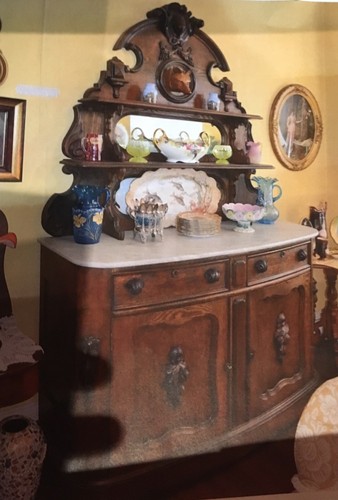 AMERICAN ROCOCO OAK OR CHESTNUT MARBLE TOP BUFFET WITH FOX HEAD