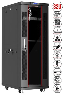 32U 32'' SERVER RACK IT CABINET LCD FAN w/CASTERS (24''w x32''d x67''h)