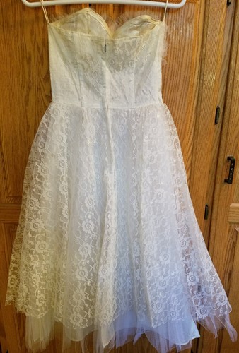 Vintage Lace Satin Ivory Cream Formal Wedding Dress Knee Length Strapless Jacket