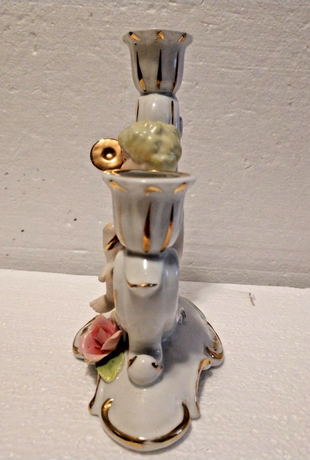 Vintage Porcelain Cherub Candlestick holder w/floral & gold Japan