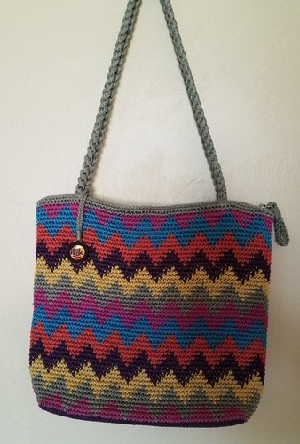 THE SAK LARGE ZIGZAG MULTI COLOR CHEVRON STRIPE CROCHET KNIT HANDBAG TOTE EUC