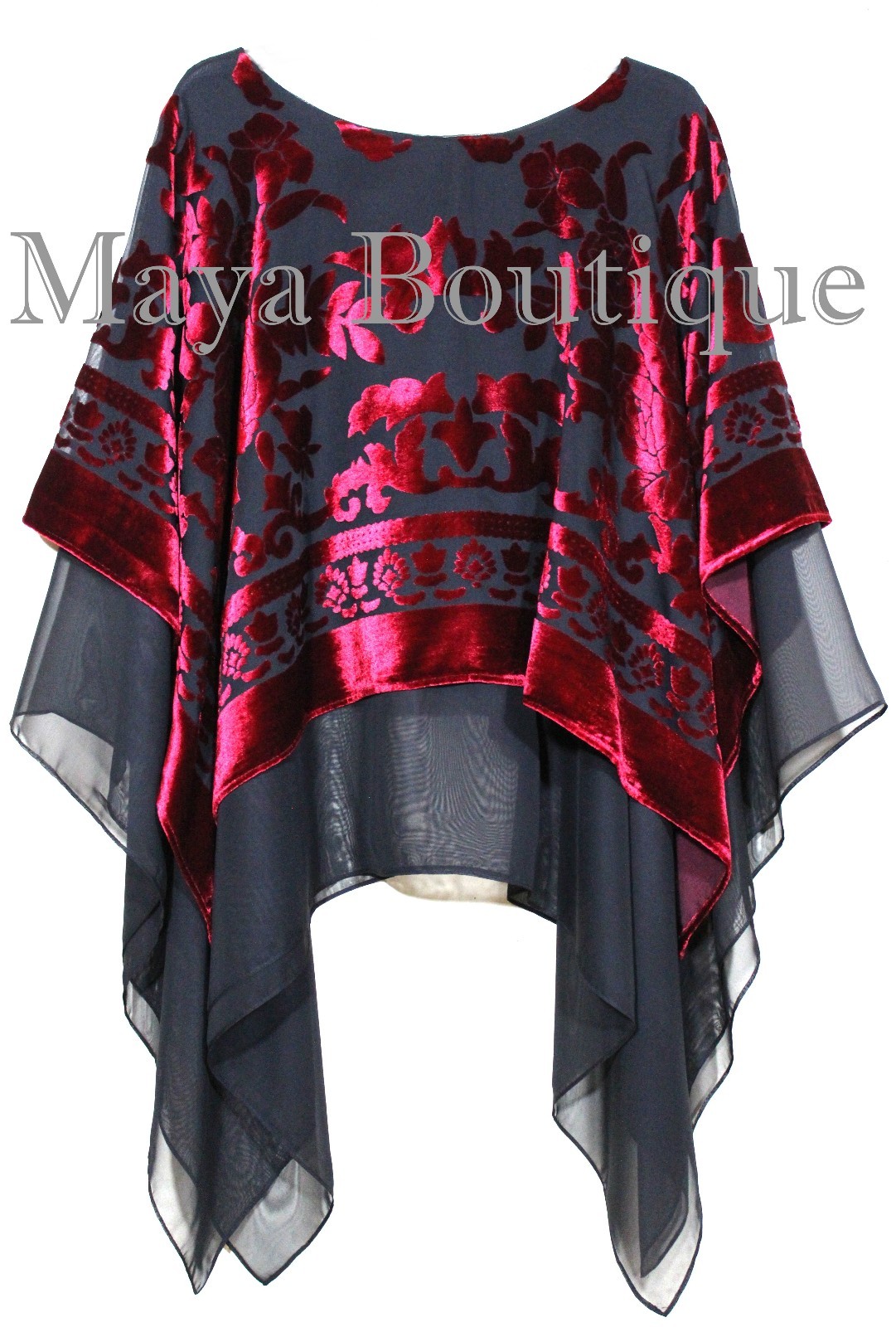 Pre-owned Maya Matazaro Maya Hand Dyed Layered Poncho Top Red Black Burnout Velvet & Chiffon Made In Usa