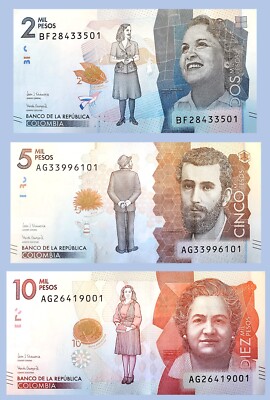 Colombia 2000 5000 10000 Pesos P 458 459 460 Uncirculated Banknotes Set 3 Pcs