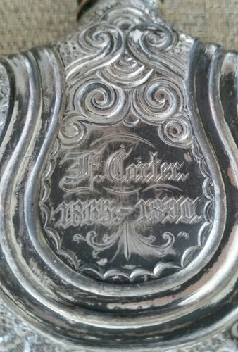ANTIQUE HAND ETCHED & DATED FANCY LADIES  SILVERPLATE FLASK PINCHED FRONT & BACK