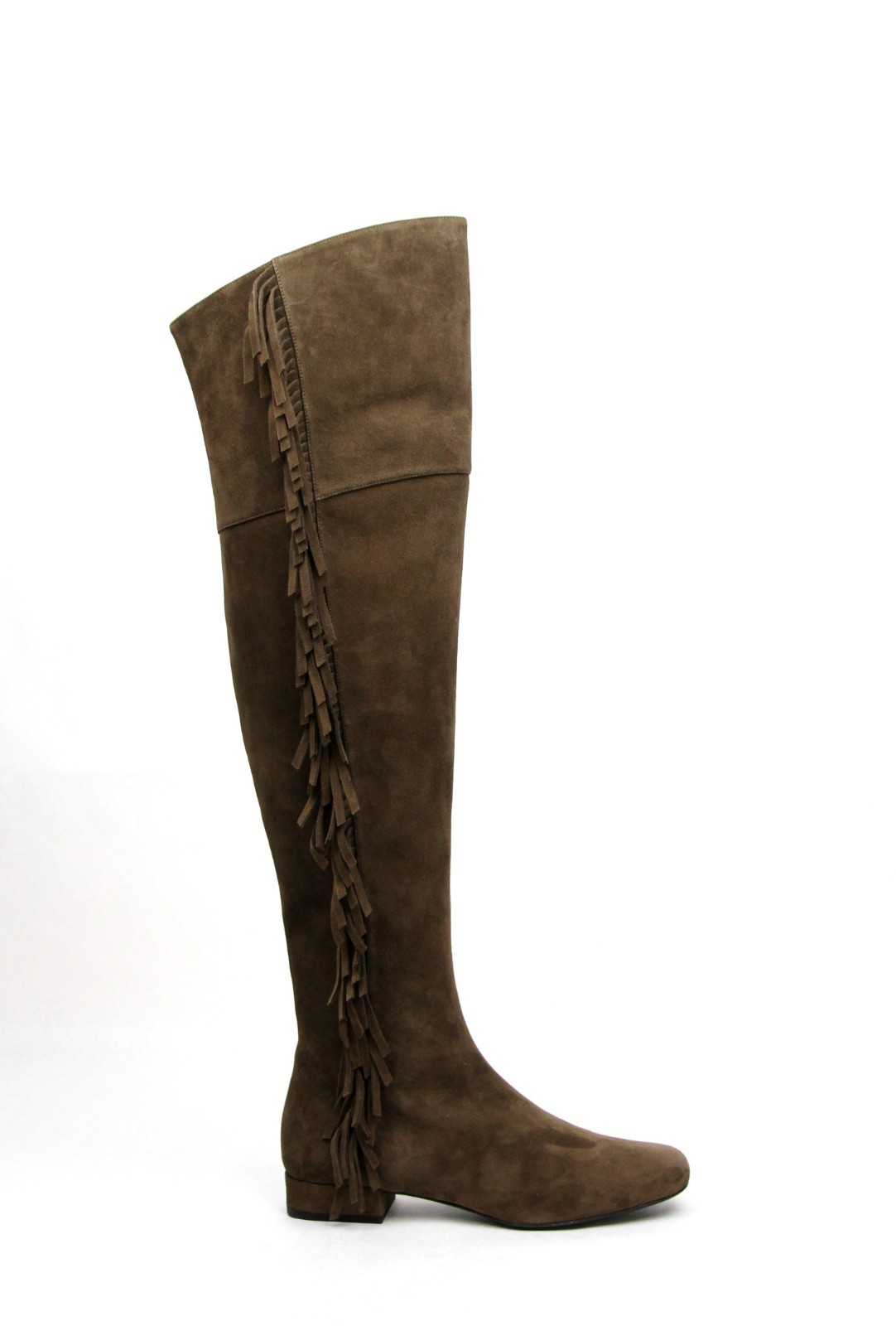 Pre-owned Saint Laurent Woman's Brown Suede Over The Knee Fringed Boots 438270 2532