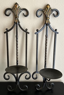 Gothic Black Wrought Iron Metal Vintage Wall Sconce Candle Holder 18  MCM