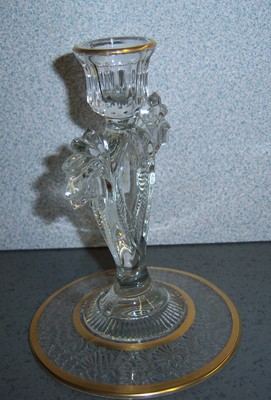 Press Glass Single Candle Holder Candlestick Gilt / gold trim fan scrolls heart