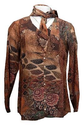 Tolani Collection Printed Woven Long-Sleeve Top Neck Tie Women's Sz S Brown
