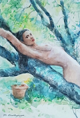 Original watercolor painting. Beautiful naked girl. Minimalist  illustration art