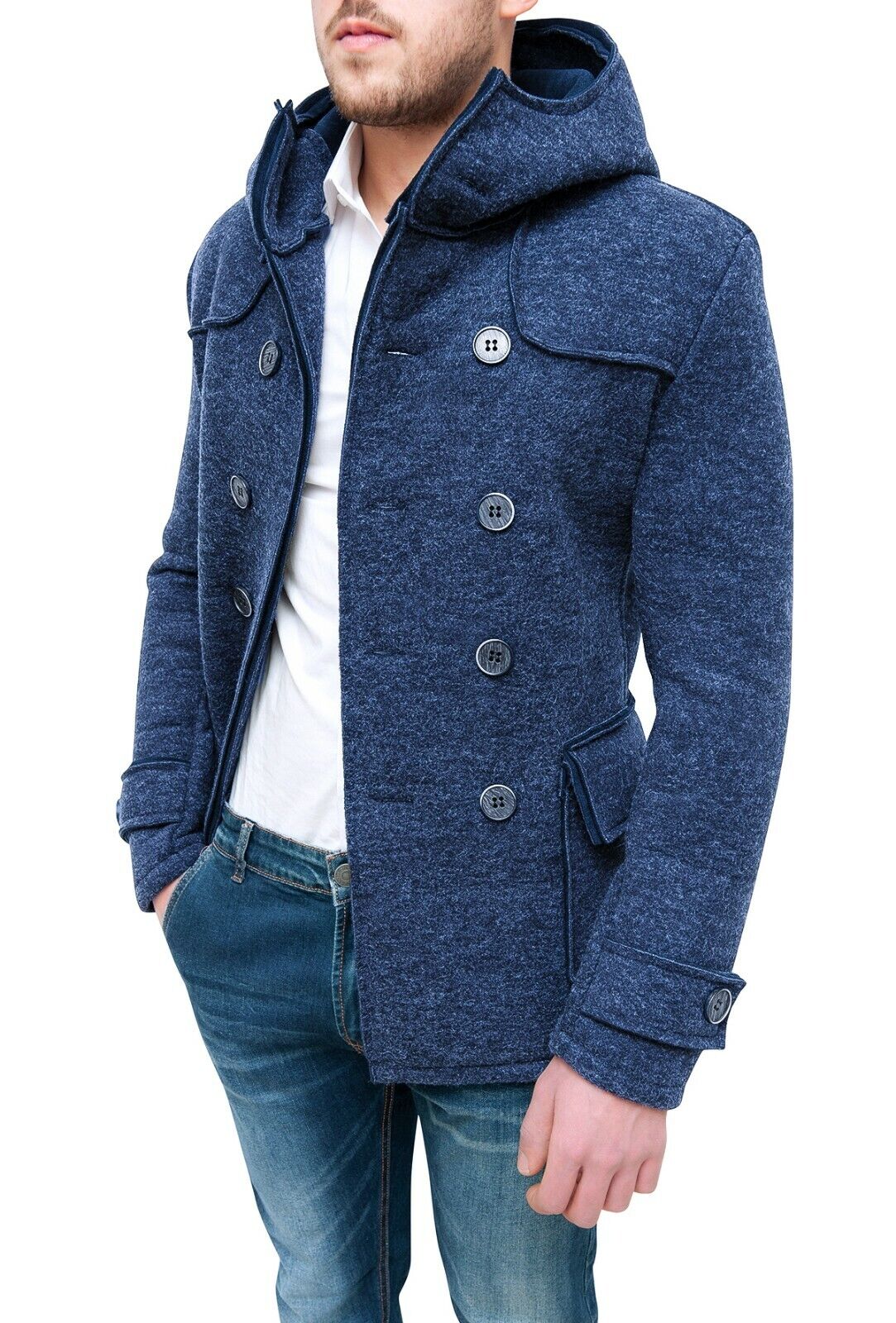 Cappotto giacca uomo casual blu invernale doppiopetto slim fit giubbino cardigan
