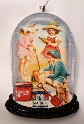 CHILDREN at the BEACH, SEASIDE * Glitter SUMMER THEME ORNAMENT * Vtg Img