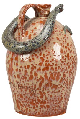 MARVIN BAILEY, GLAZED CERAMIC JUG WITH SLIPCAST SNAKE APPLIQUE HEIGHT 11 IN. x 8