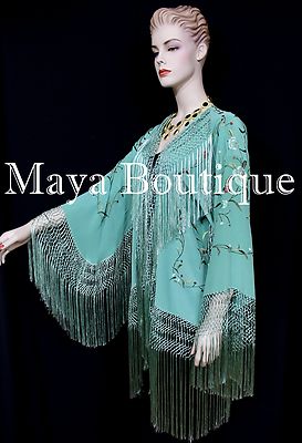 Pre-owned Maya Matazaro Embroidered Silk Fringe Jacket Kimono Tiffany Green Hand Dyed  Usa