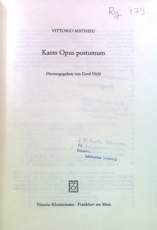 Kants Opus Postumum. Mathieu, Vittorio: