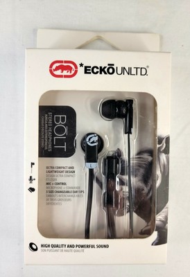 Ecko Unltd. ''Bolt'' Stereo Headphones Earbuds w/Mic Changeable Ear Tips Black NIB