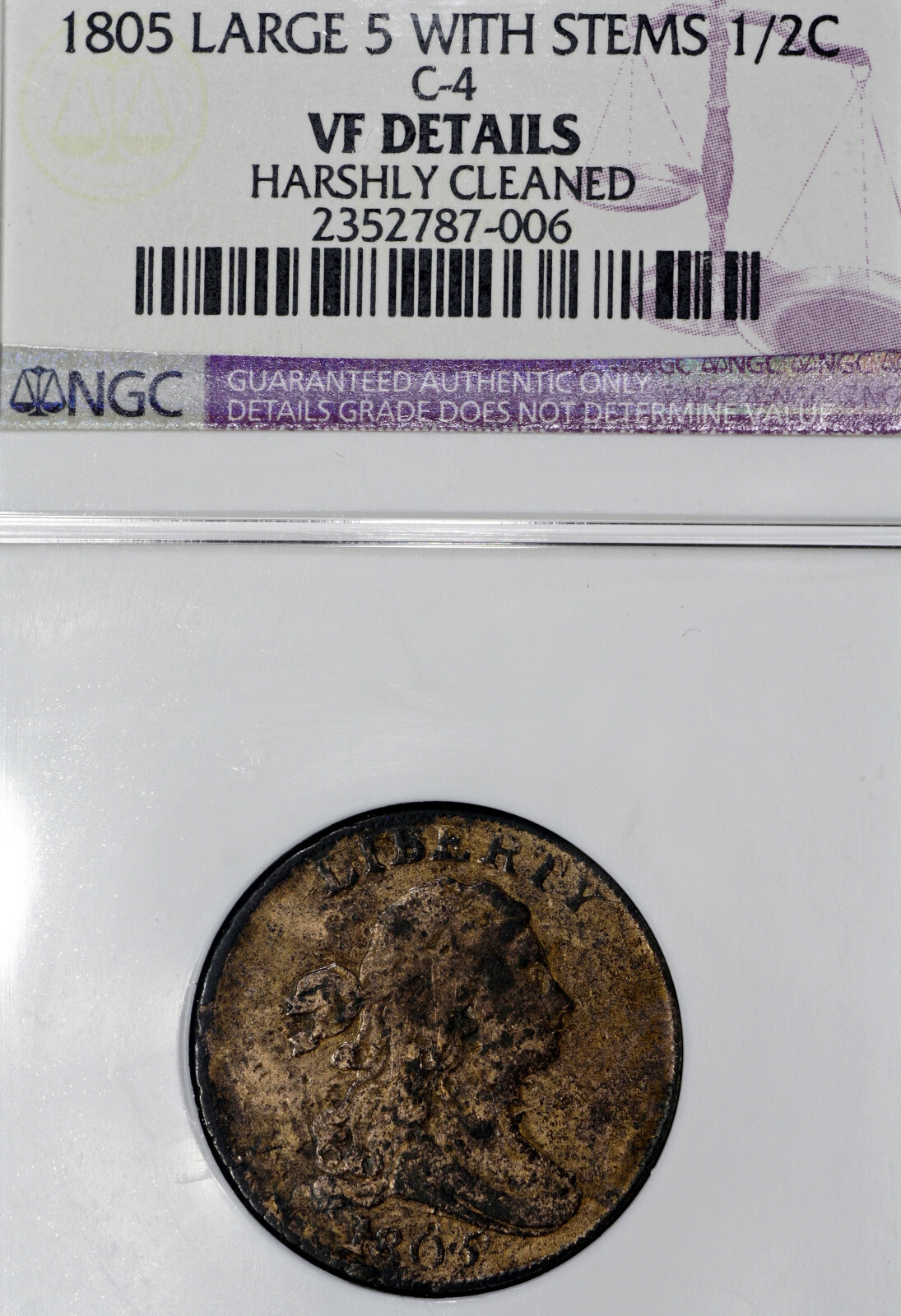 1805 VF Details Harshly Cleaned Large 5 With Stems Half Cent 1/2C, NGC Graded!
