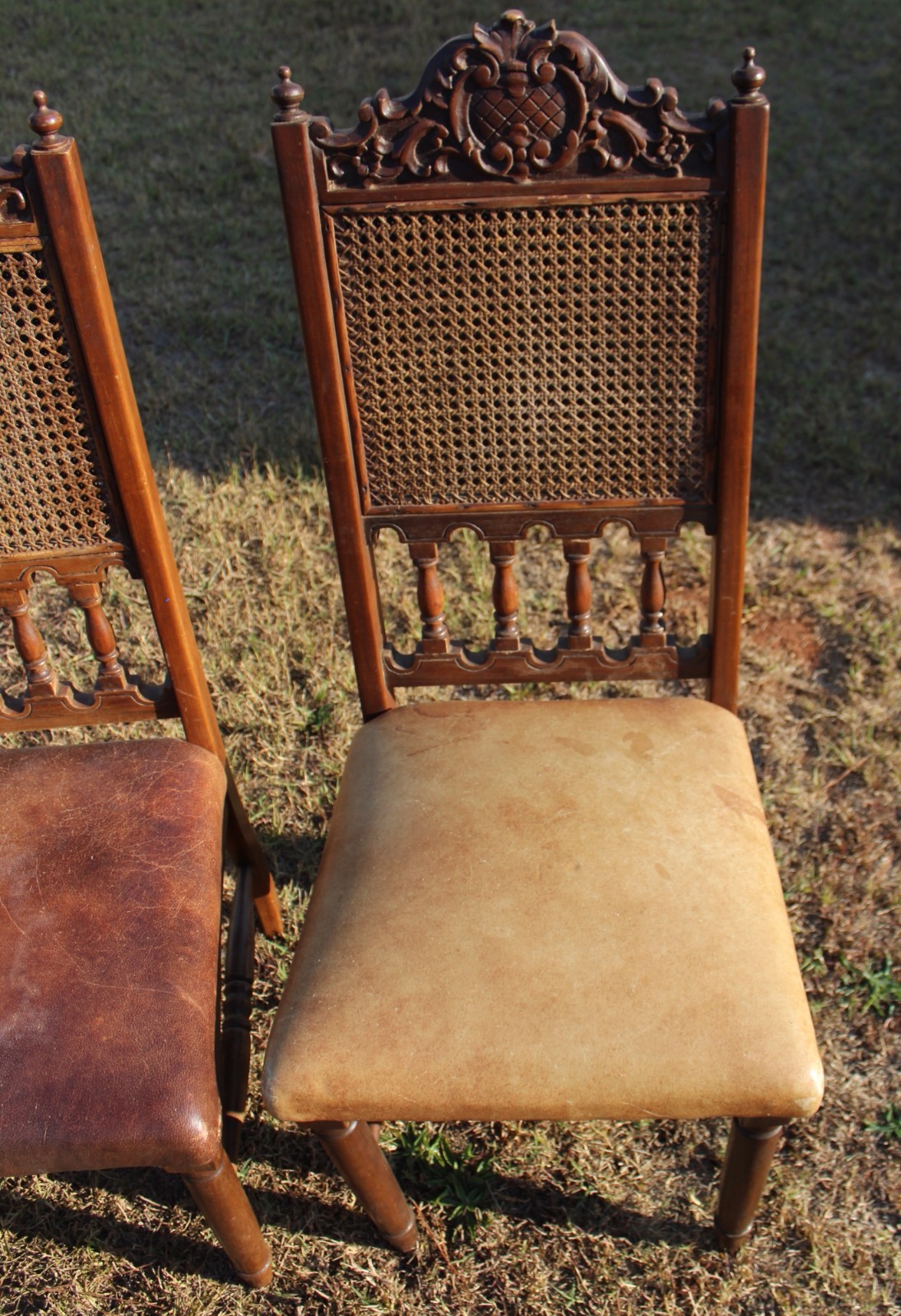 Set of Six 19th Century French Henri II Cane & Leather Side Chairs