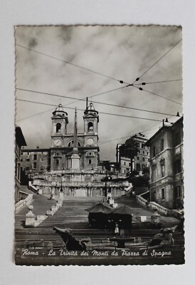 50s Postcard Italy La Trinita dei Monti da Piazza di Spagna Roma Unposted RPPC