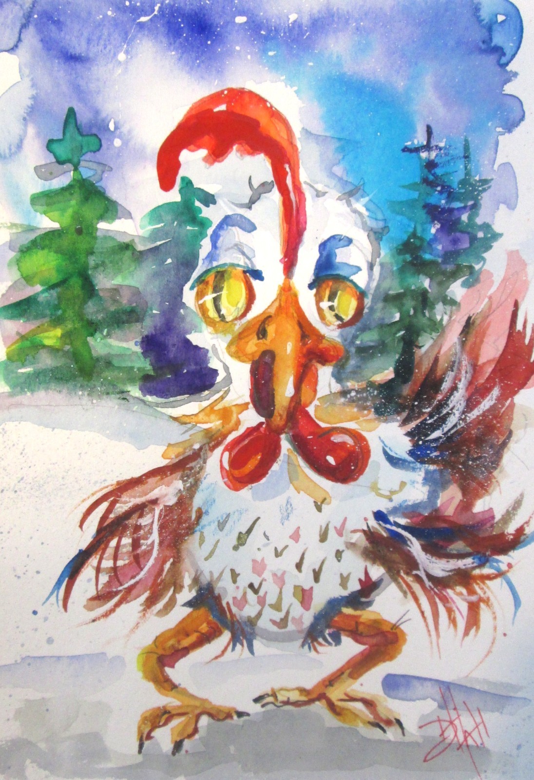 Delilah Christmas Rooster chicken 9x6 impressionism watercolor contemporary COA