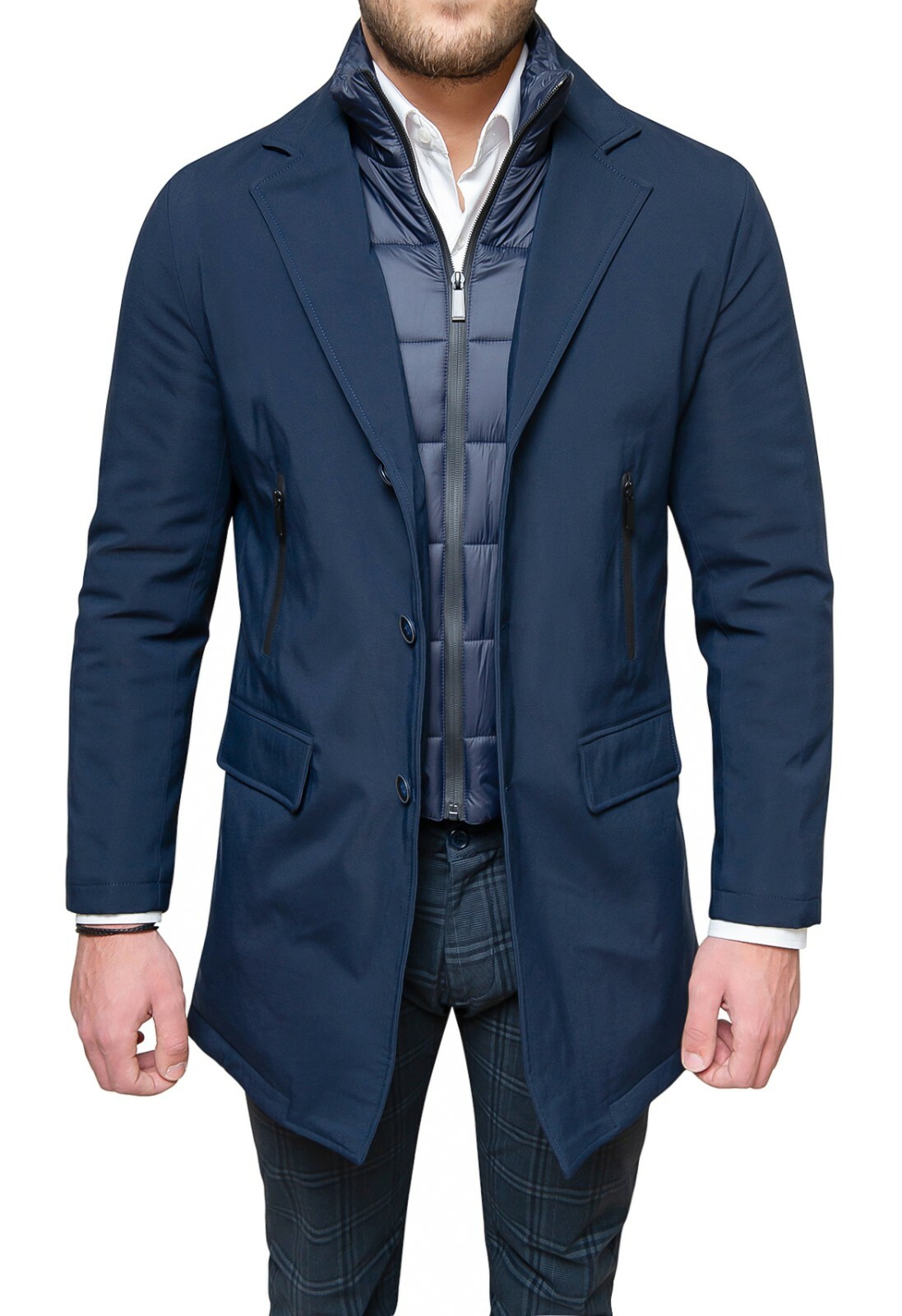 Giaccone soprabito uomo invernale blu cappotto trench elegante con gilet  interno