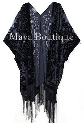 Pre-owned Maya Matazaro Art Nouveau Black Caftan Kimono Duster Burnout Velvet  Made In Usa