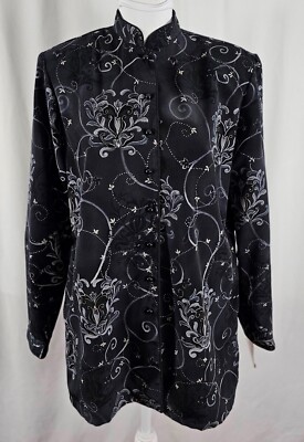 New Lori Am Casuals Womens Button Down Blouse Vintage Black Gray White Floral 12