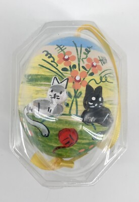 Hand Painted Easter Egg Ornament Black Cat White Cat Flowers New In Package