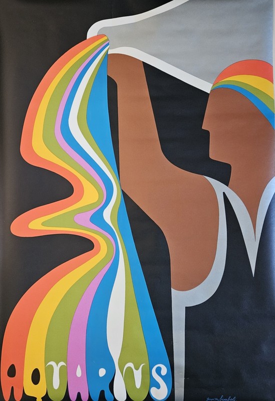 Aquarius Vintage 1969 Psychedelic Zodiac Horoscope Astrology Poster, Simboli