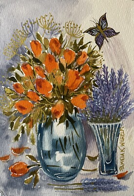 5 x7  Original Watercolor By Pamela Wilhelm Floral Orange Tulips Butterfly Vases