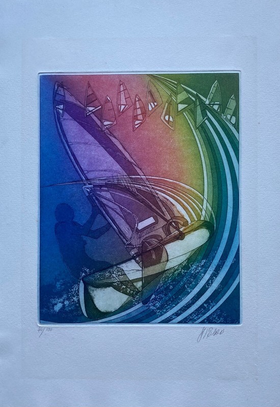 Aquatinte Gravure Ã L'Eau-Forte Sportsegler Surfeur Sport Aquatique SignÃ© Kiler