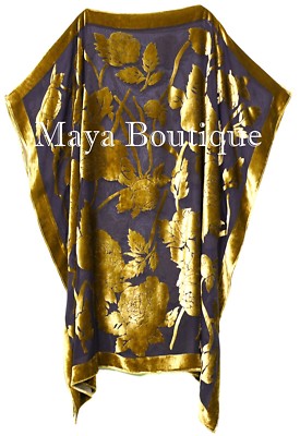 Pre-owned Maya Matazaro Caftan Dress Kimono Silk Burnout Velvet Antique Gold Blk Hand Dyed