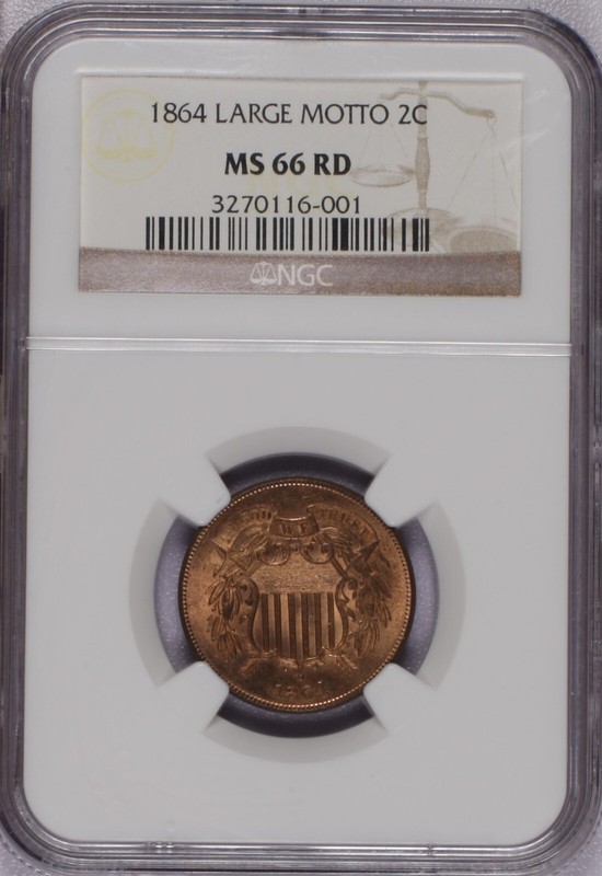 1864 Large Motto 2 Cents NGC MS66 Red. Very red!