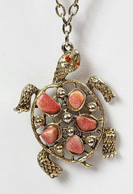 Vintage Turtle Pendant Necklace With Coral Type Stones And Jeweled Eyes
