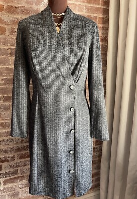 New! Connected Apparel Black Gray Stripe Button Detail Soft Midi Sweater Size 10