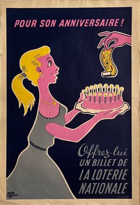 Poster Affiche - LOTERIE NATIONALE Lottery Birthday Anniversaire Pineau 1954