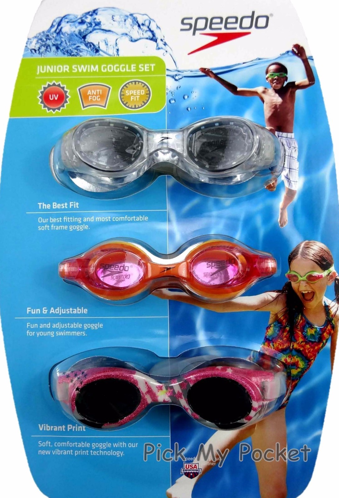 Speedo Adult Swim Goggles Anti-Fog UV Protect Latex Free 3 Pack
