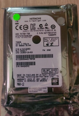 Hitachi 750GB SATA 2.5'' 3.0Gb/s 7200RPM 7K750-500 HDD 0J18811 HTS727575A9E364