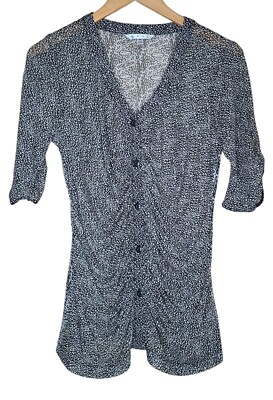 Cabi Womens Ruched Placket Sheer Blouse Pebble Print Black/ Gray Size Medium 