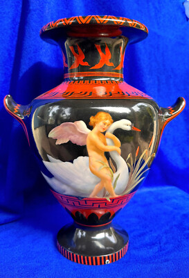 Rare Antique  Austrian Vienna Porcelain TROJA Urn / Vase/ Swan & Cherub N2-18
