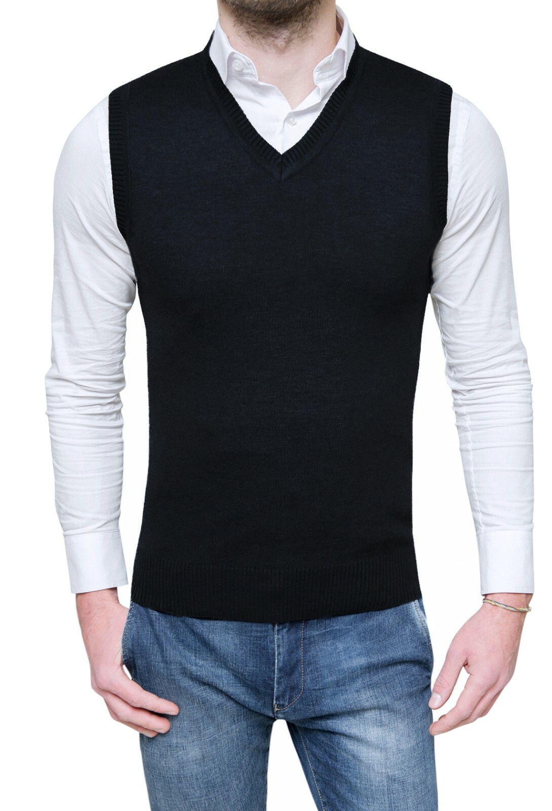 DIAMOND MAGLIONCINO SMANICATO UOMO NERO SLIM FIT GILET CARDIGAN tag S M L  XL XXL