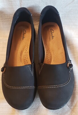 Clarks Collection Leather Slip-Ons - Roseville Sky-Black-8W  NEW IN BOX 
