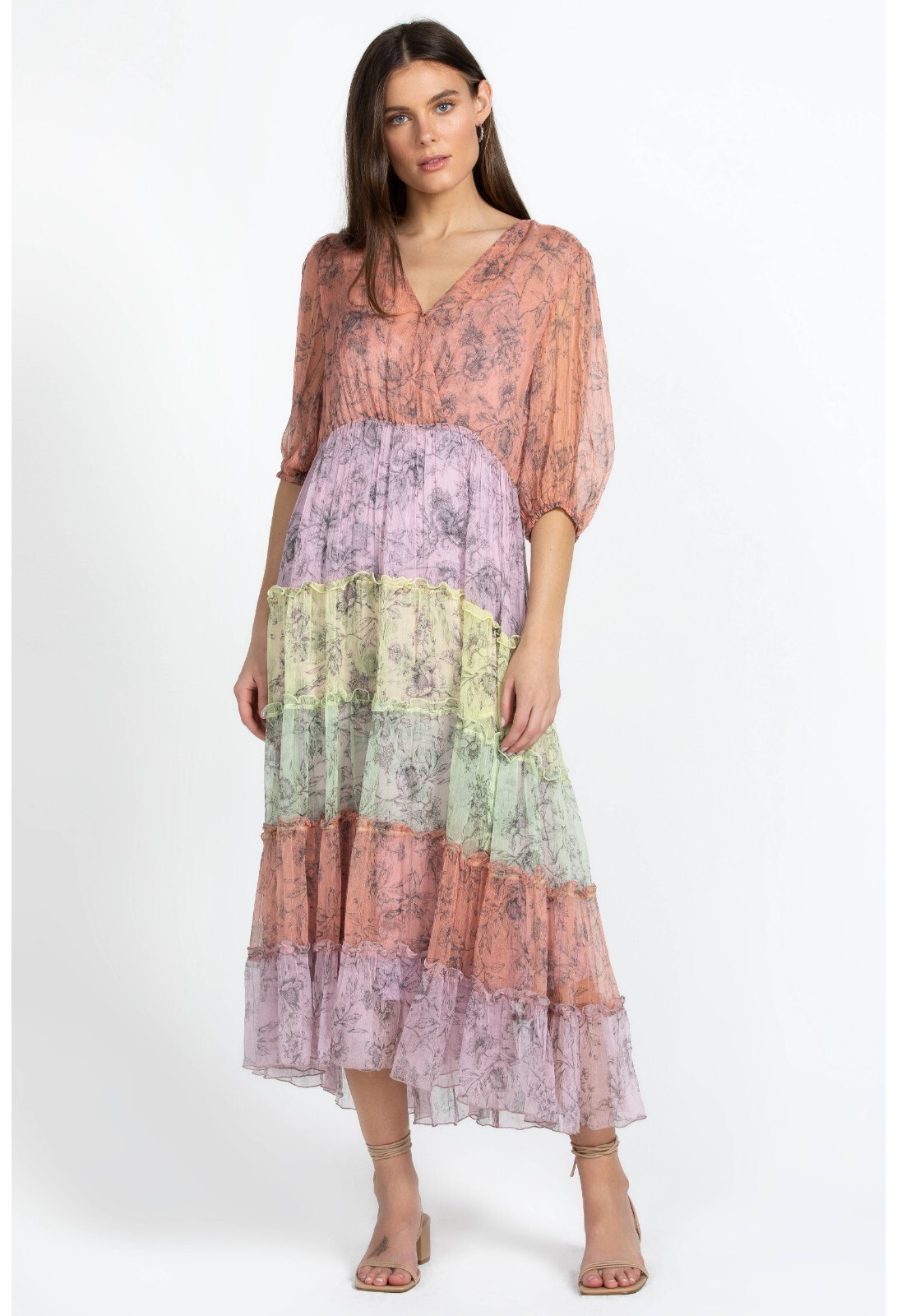 Pre-owned Johnny Was Jade Med Liza Midi Dress With Slip 100% Silk Boho A-line Tiered In Multicolor