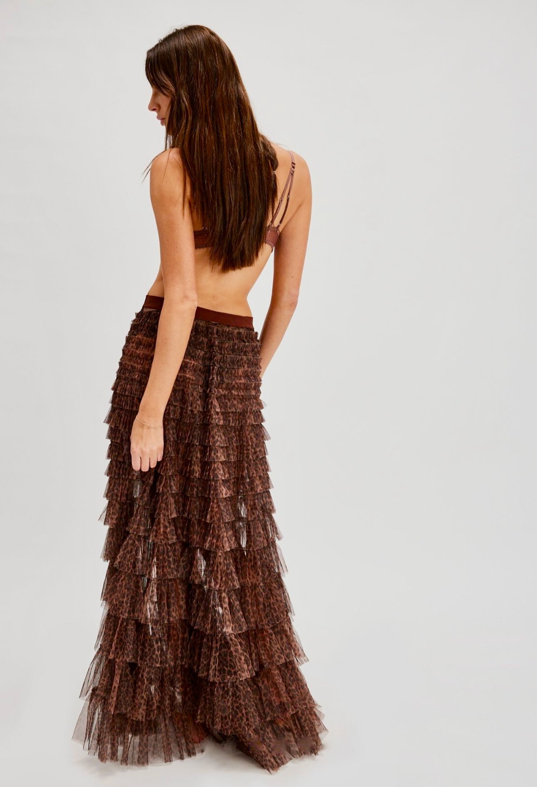 Free People Return Of The Ruffle Maxi Skirt Slip Sheer Mesh Tiered Leopard M NWT