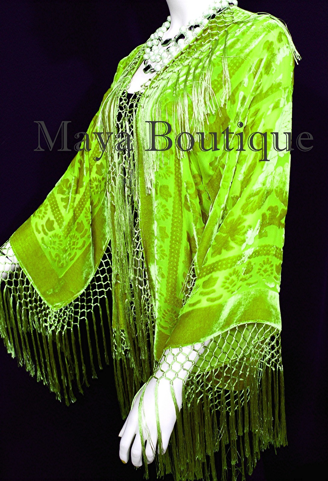 Pre-owned Maya Matazaro Fringe Jacket Short Kimono Duster Silk Burnout Velvet Lime Maya Boutique In Green