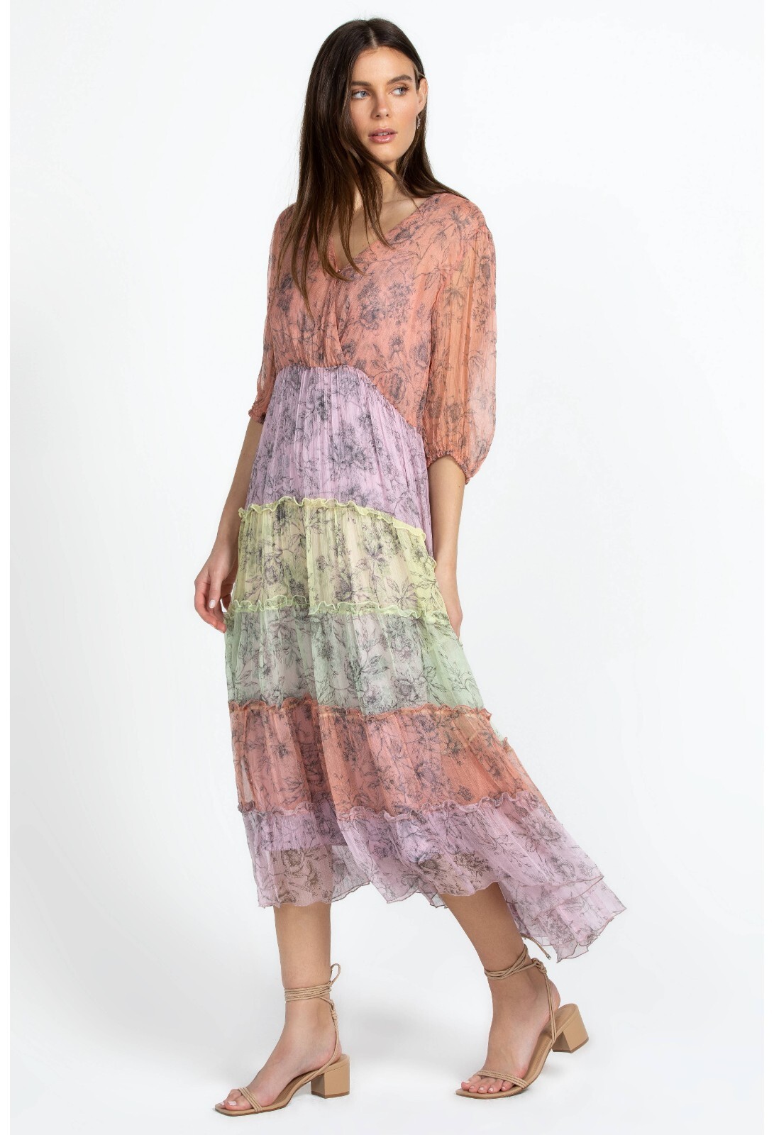 Pre-owned Johnny Was Jade Med Liza Midi Dress With Slip 100% Silk Boho A-line Tiered In Multicolor