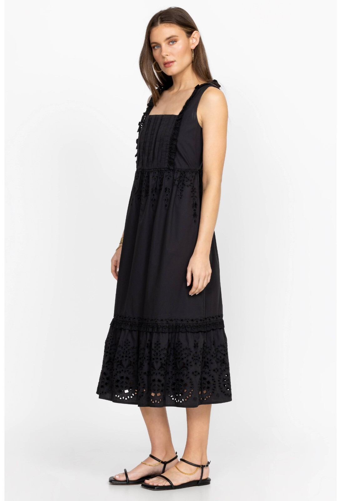 Pre-owned Johnny Was Size Xl Black Jesminda 100% Cotton Midi Dress Lined Embroidered