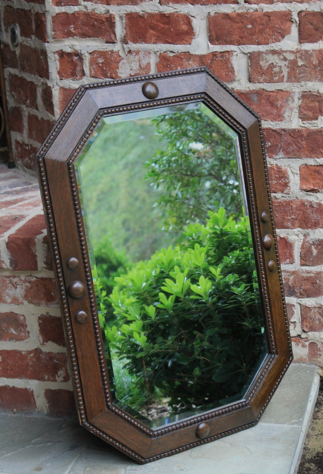 Antique English Oak Jacobean Tudor Style Octagonal Framed Beveled Wall Mirror