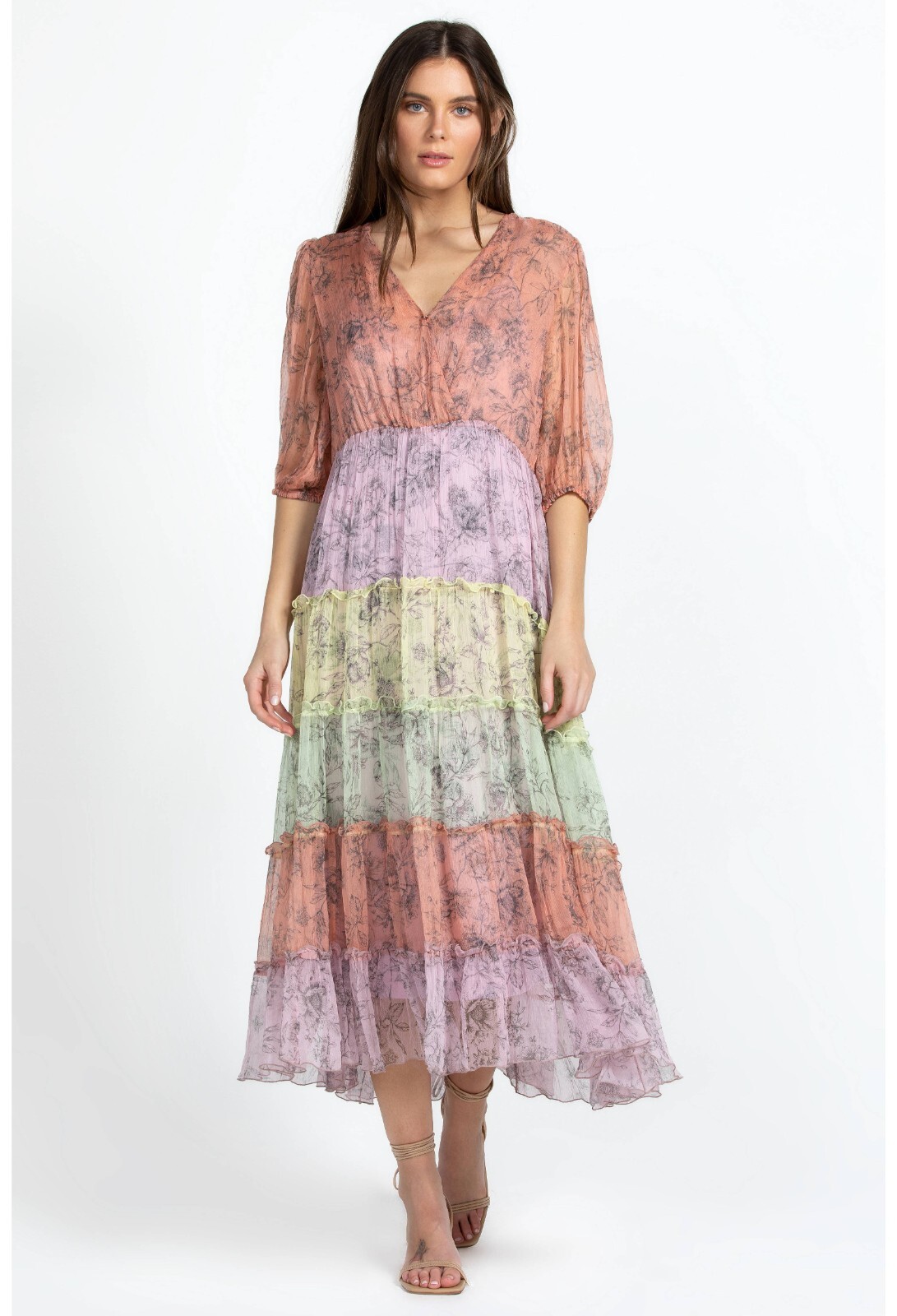 Pre-owned Johnny Was Jade Med Liza Midi Dress With Slip 100% Silk Boho A-line Tiered In Multicolor