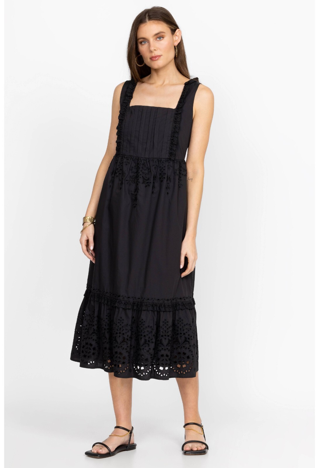 Pre-owned Johnny Was Size Xl Black Jesminda 100% Cotton Midi Dress Lined Embroidered